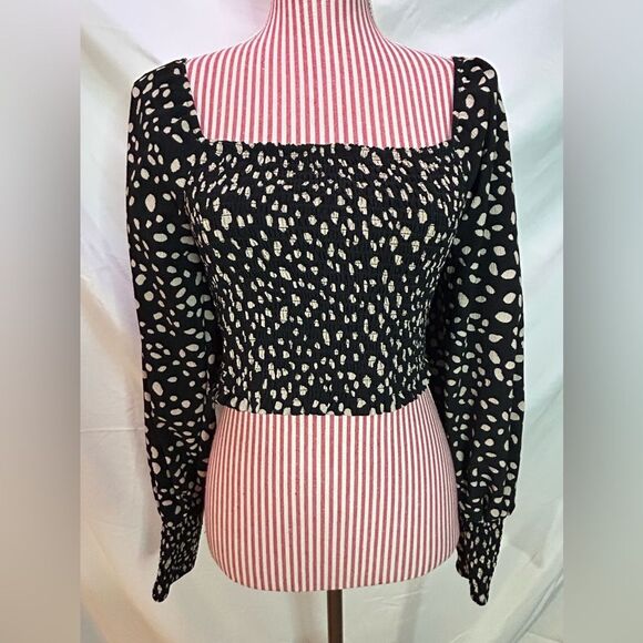 Black Polka Dot Top Retro Smocked Cropped Coquette Whimsigoth Mi Ami Size Large - Picture 1 of 11